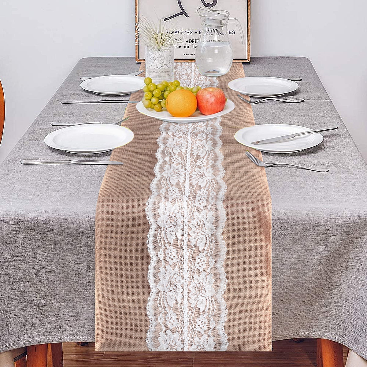 Burlap Runner with 4 Placemats with Black Lace Wedding Runner