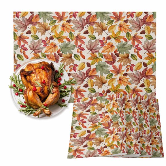 Maple Leaf Placemats Set of 2, Fall Watercolor Leaves Heat Insulated Linen Place Mats, Washable Stain-Proof Table Mats for Dining Tables Holiday Decor 13x19 Inches