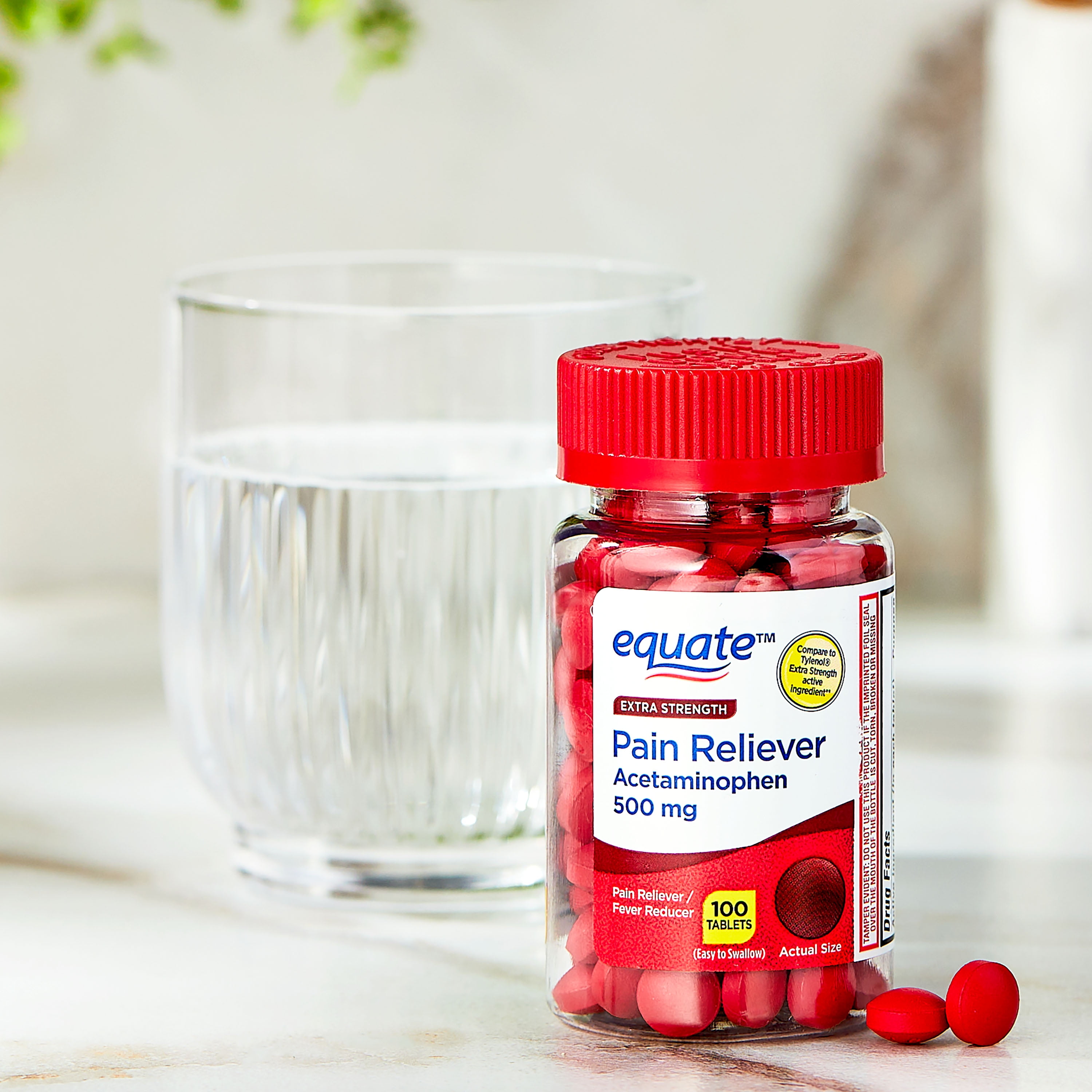 (4 pack) Equate Pain Acetaminophen 500 mg Tablets for Body Aches & Pains Compare to Tylenol® Extra Strength 100 Count