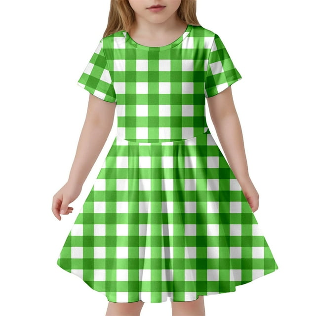 LUOGENLI Robe Mode pour Enfants à Carreaux Ajustée à Manches Courtes (6 14 Ans) Robe pour Filles Longueur Genou Vert 12-14 Ans