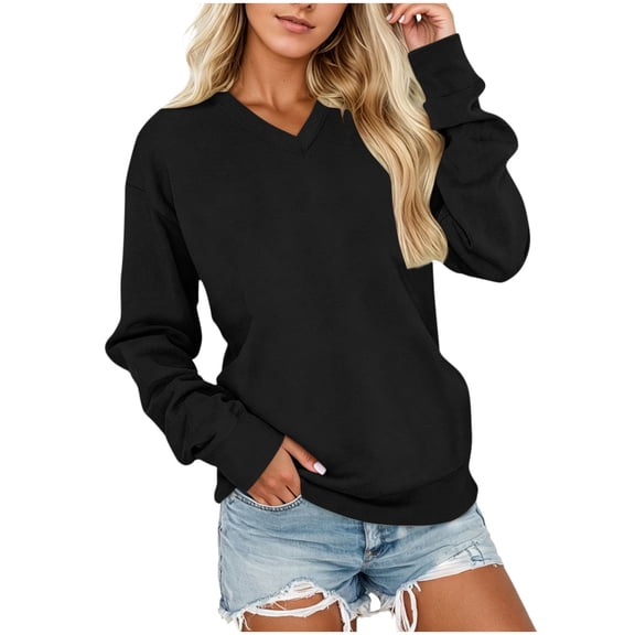 Women's Soft V Neck Sweatshirt, Long Sleeve Cozy Pullover Tunic | CSEONE,Black L