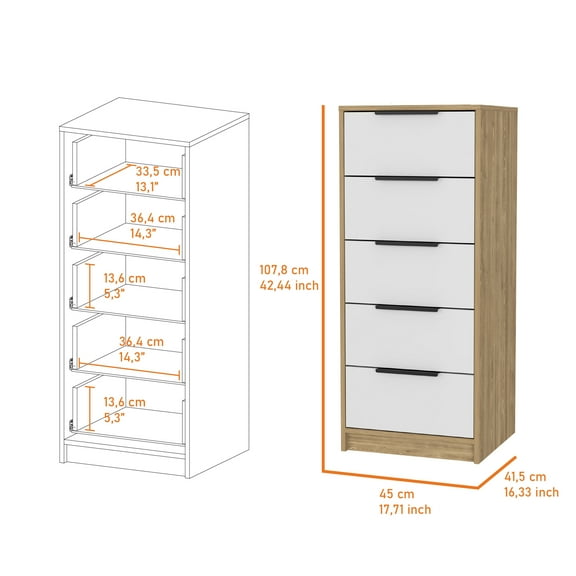 Kaia 5 Drawer Dresser, Vertical Dresser -White / Pine