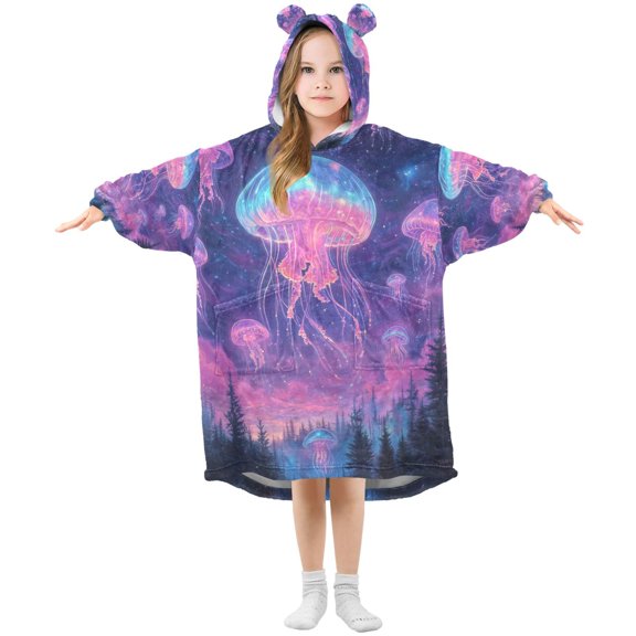 FORMRS Wearable Blanket Hoodie with Sleeves for Kids Cozy Flannel Sweatshirt, Neon Jellyfish