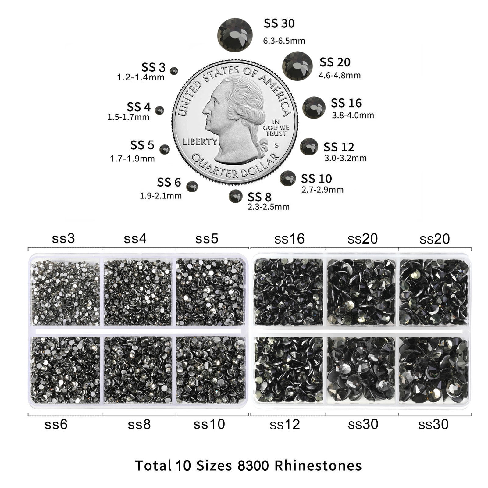 Beadsland 8300PCS Flatback Rhinestones 10 Sizes with Wax Pencil and Tweezer Kit, SS3-SS30, Black Diamond