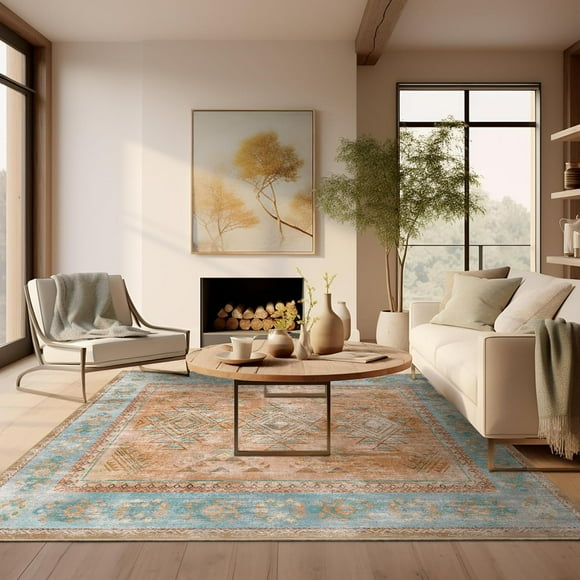 Area Vintage Boho Rugs for Living Room, Machine Washable Area Rugs with Non-Slip Backing, Indoor Rug Vintage Bohemian Area Rug Home Decor, Room Decor, 6 x 9 ft, Orange, 1 Pack
