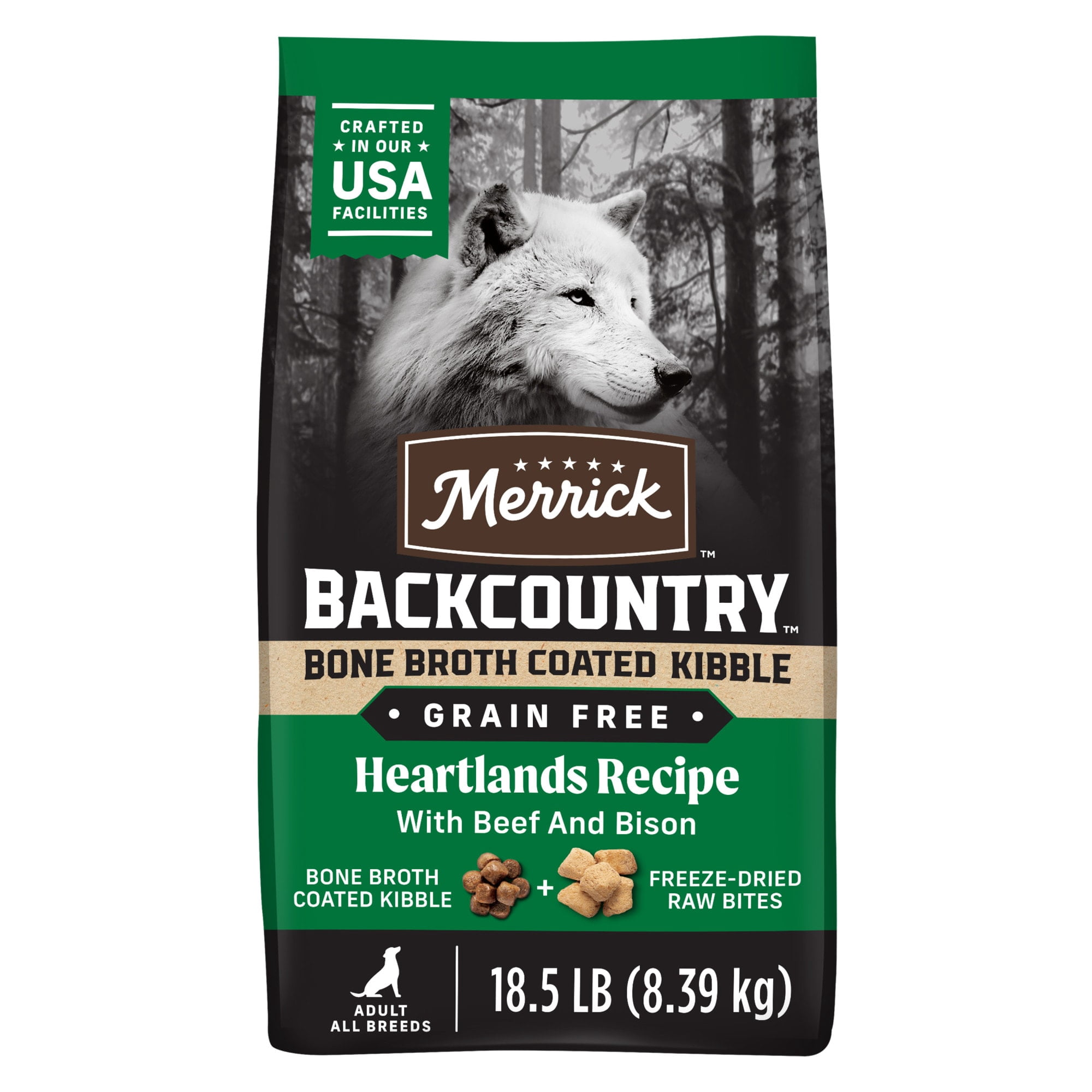 Merrick Backcountry Bone Broth Coated Kibble Heartlands Recipe with Beef and Bison Grain Free Dry Dog Food, 18.5 lbs.