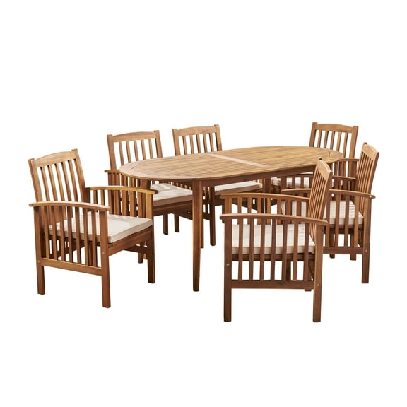 GDF Studio Taku Outdoor Acacia Wood 7 Piece Dining Set with Cushion, Teak and Cream