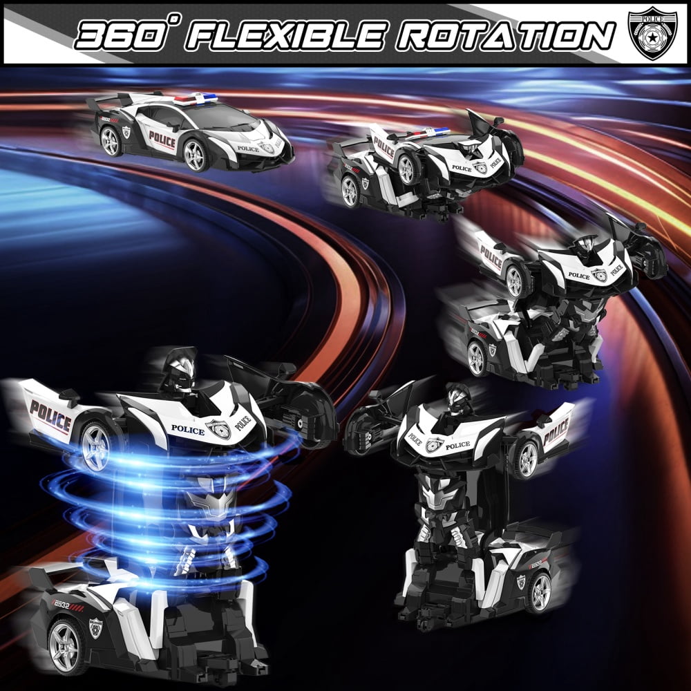 Wupuaait 2.4Ghz Transform Rc Cars 1:18 Scale Remote Control Car Transforming Robot, One-Button Deformation 360° Rotation Car Toy Gifts for Boys 3-12, Police