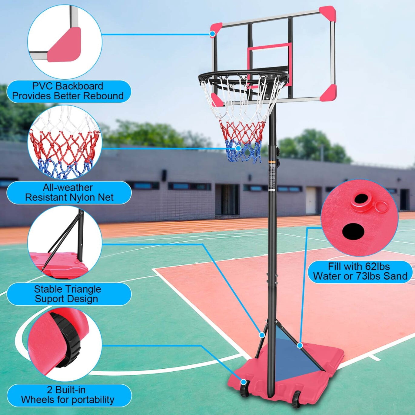 Portable Basketball Hoop with Heavy-Duty Steel Base & Wheels, Adjustable 5.6-7Ft Rim, 28" Shatterproof Backboard for Teens & Adults - Indoor/Outdoor Use, Pink