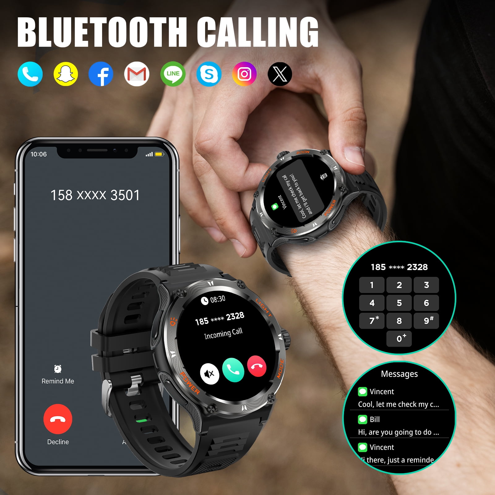 VOPOCO Military Smart Watch for Men(Answer/Call), with Flashlight 3ATM Waterproof 1.53'' HD Screen Big Battery Sport Smartwatch, 100+ Sport Modes Fitness Tracker With Compass for iPhone Android