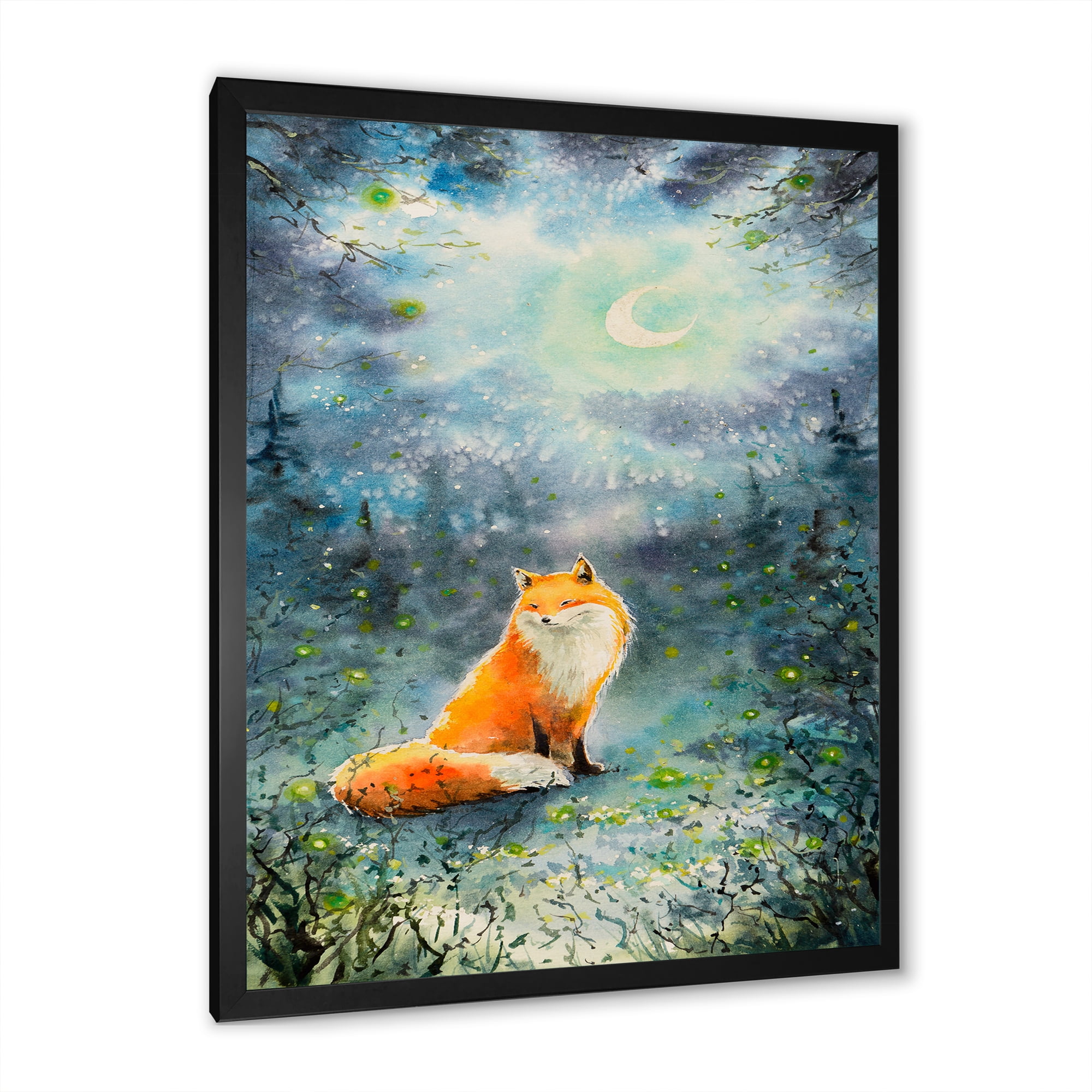 Designart 'Fox Over A Night Sky With Moon' Children's Art Framed Art Print