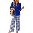 thumbnail image 2 of Women’s Casual Printed Two Piece Outfit Button Down Three Quarter Sleeve Top and Wide Leg Long Pants Set for Daily Wear, 2 of 7