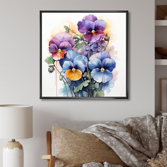 Designart "Poise of Pansies in Purple I" Floral Framed Wall Art - Purple Pansies Hallway Framed Wall Art Decor