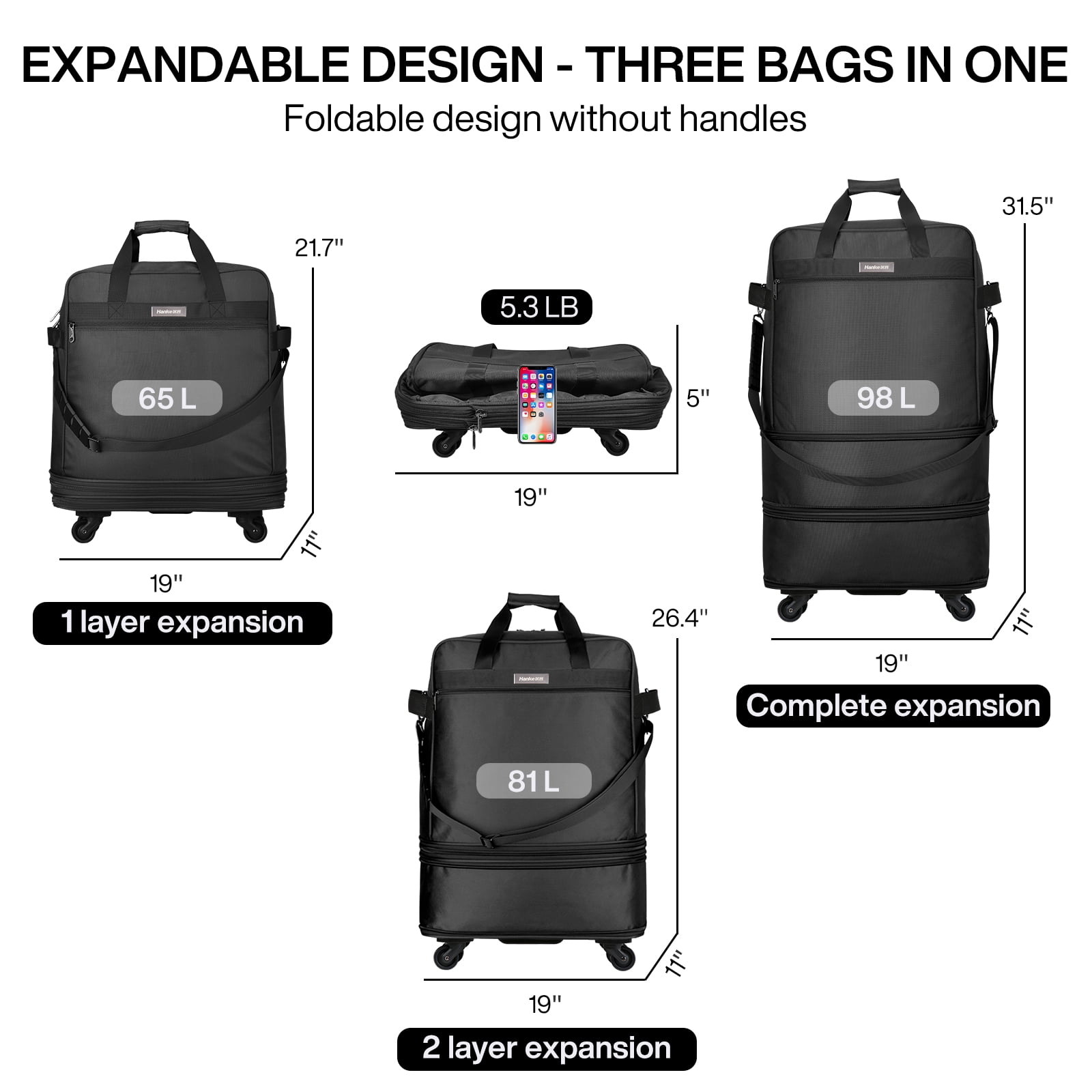 Hanke Suitcases with Wheels Expandable Foldable Luggage Bag Suitcase Collapsible Rolling Travel Bag Duffel Bag for Men Women Lightweight Suitcases,Black