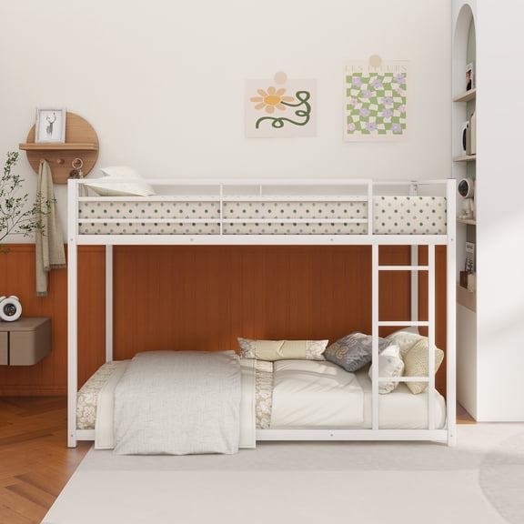 Twin over Twin Metal Bunk Bed, Low Bunk Bed with Ladder,White