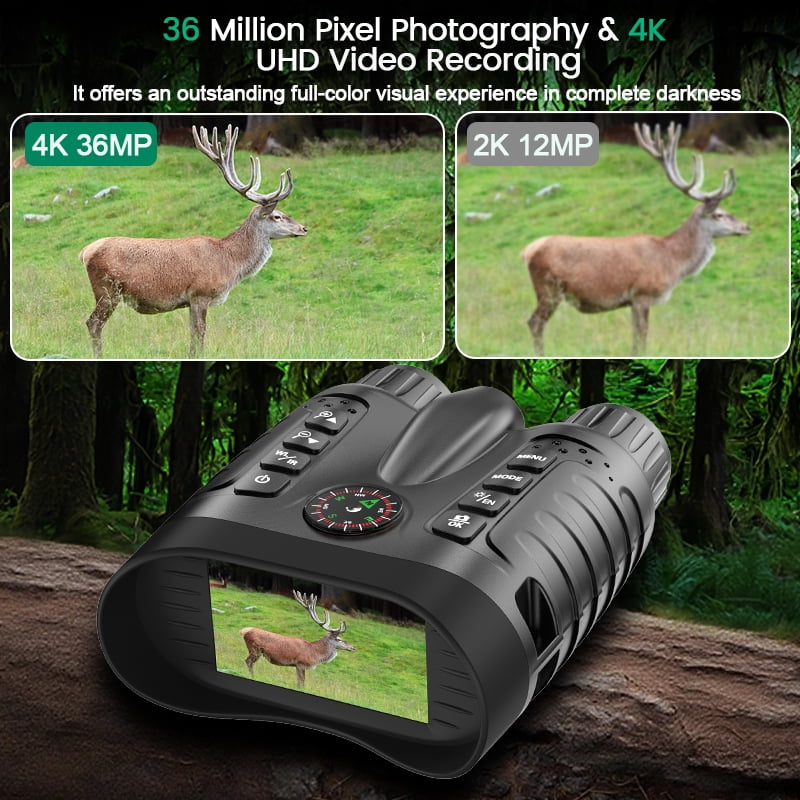 Ruaiok Night Vision Goggles with Compass, 4K Night Vision Binoculars 8X Digital Zoom & 4500mAh Battery, 64GB Card Included, 1300ft Range, Perfect for Outdoor, Camping, Hunting