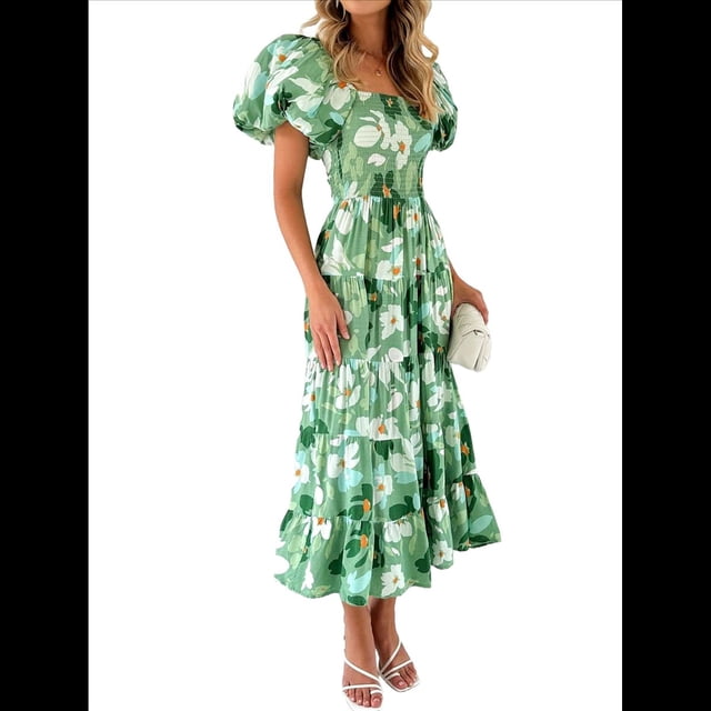 Vestido Midi Informal de Verano para Mujer, de Corta, Abullonado, con Cuello Cuadrado y Volantes Escalonados y Verde L