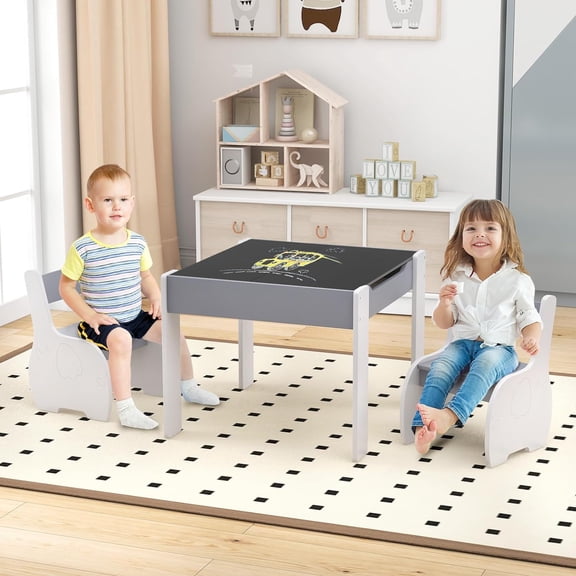 Kids Table and Chair Set, 4-in-1 Wooden Activity Table & 2 Chairs with Removable Blackboard for Arts, Crafts, Drawing, Reading, Storage, Toddler Furniture for Boys and Girls (Gray)