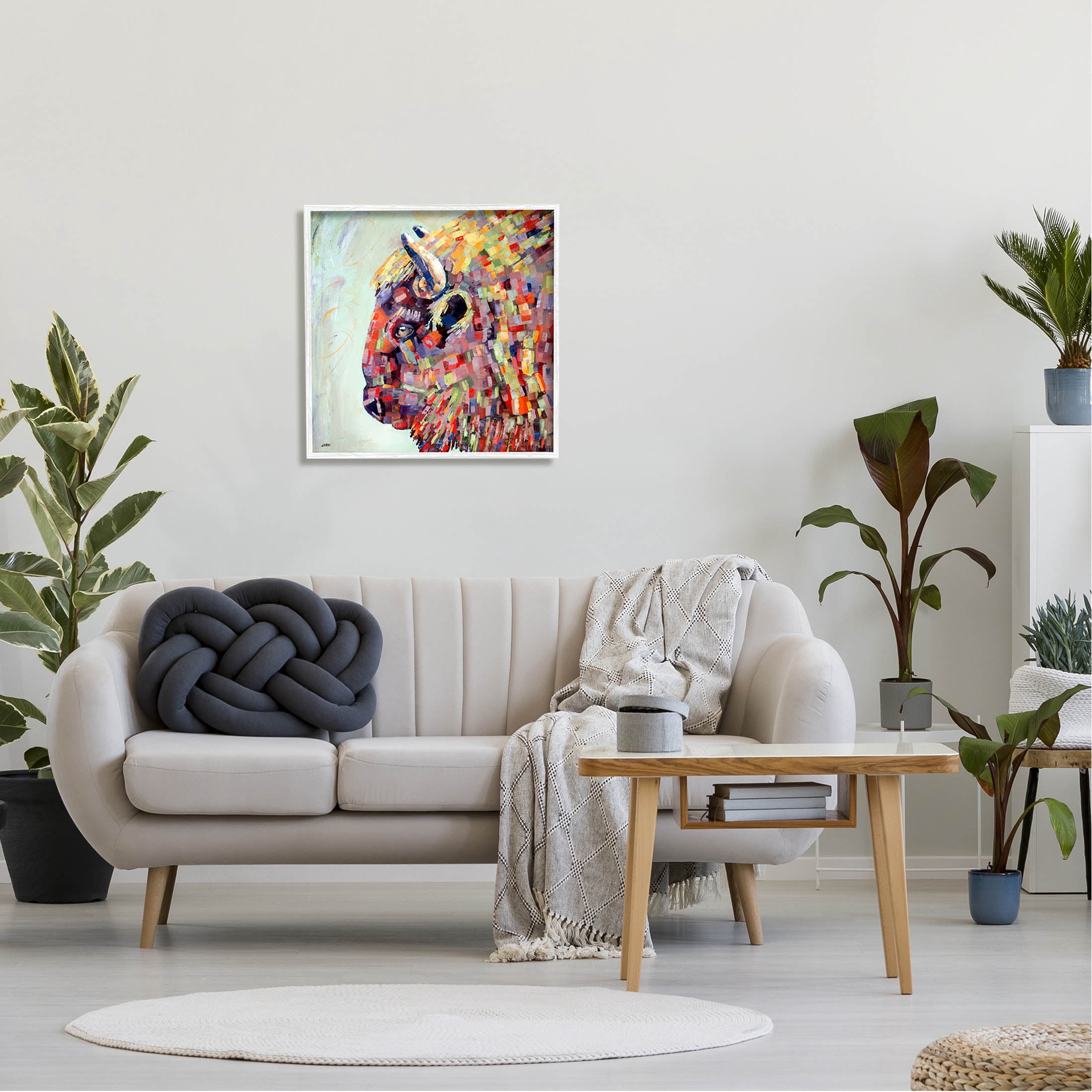 Mosaic Style Bison Portrait Animals & Insects Painting White Framed Art Print Wall Art