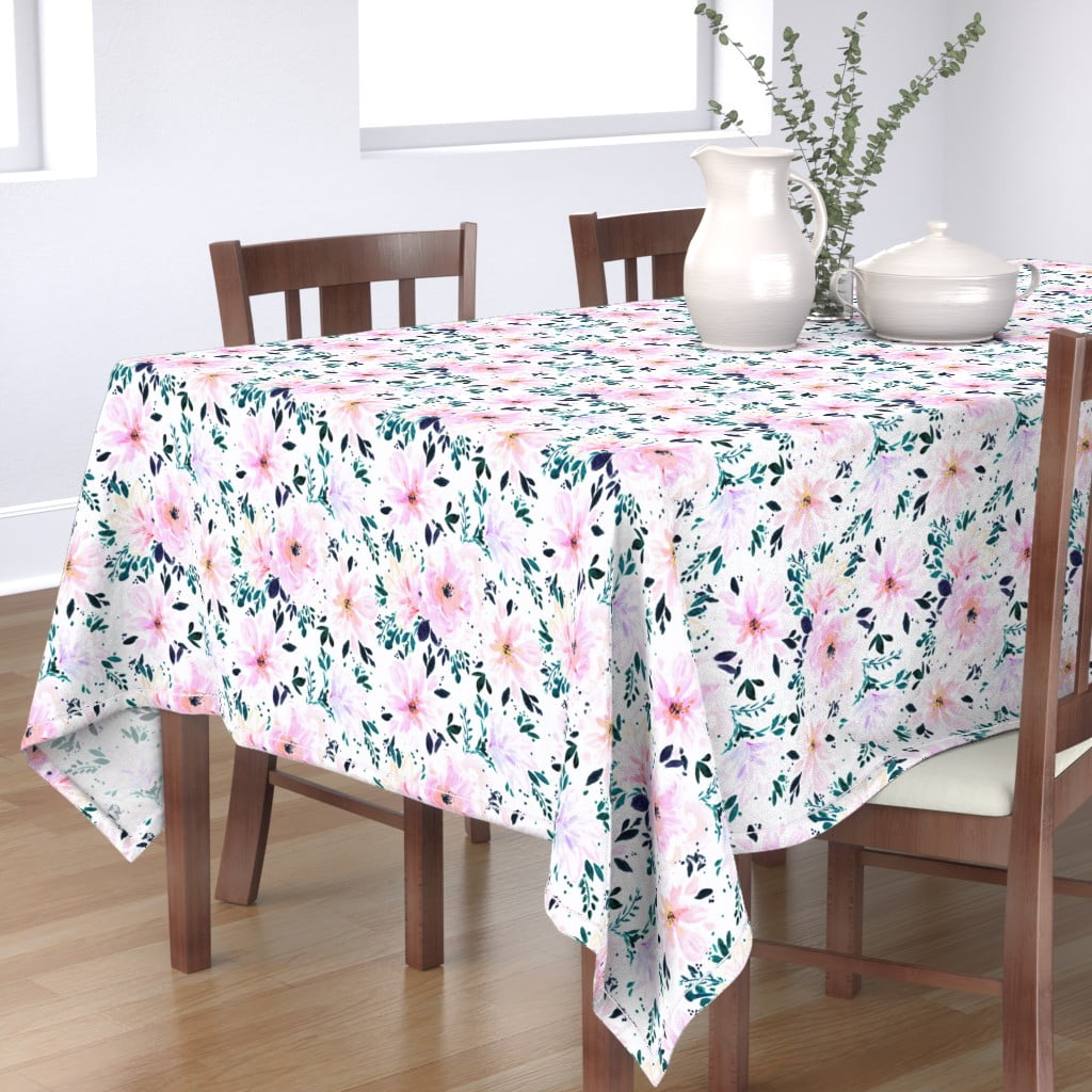 Round Tablecloth Pink Roses Dark Floral Flowers On Black White Cotton Sateen 