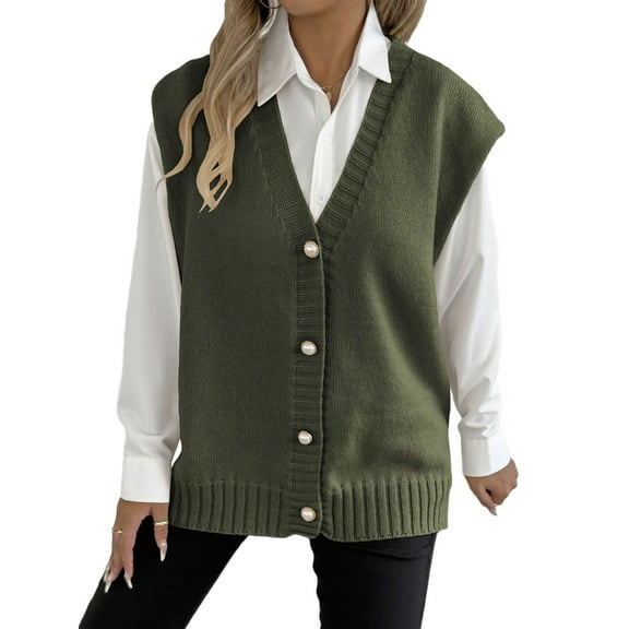 Womens Sleeveless Sweater Vest Knit V Neck Button Casual Loose Fall Winter Waistcoat Cardigan Army Green One size