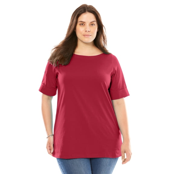 Woman Within Plus Size Perfect Cuffed Elbow-Sleeve Boat-Neck Tee