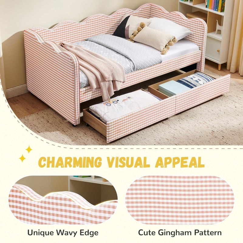 Cozy Full Size Daybed with 2 Storage Drawers and USB Charging Port, Linen Gingham Wave Shaped Sofa Bed for Living Room and Bedroom