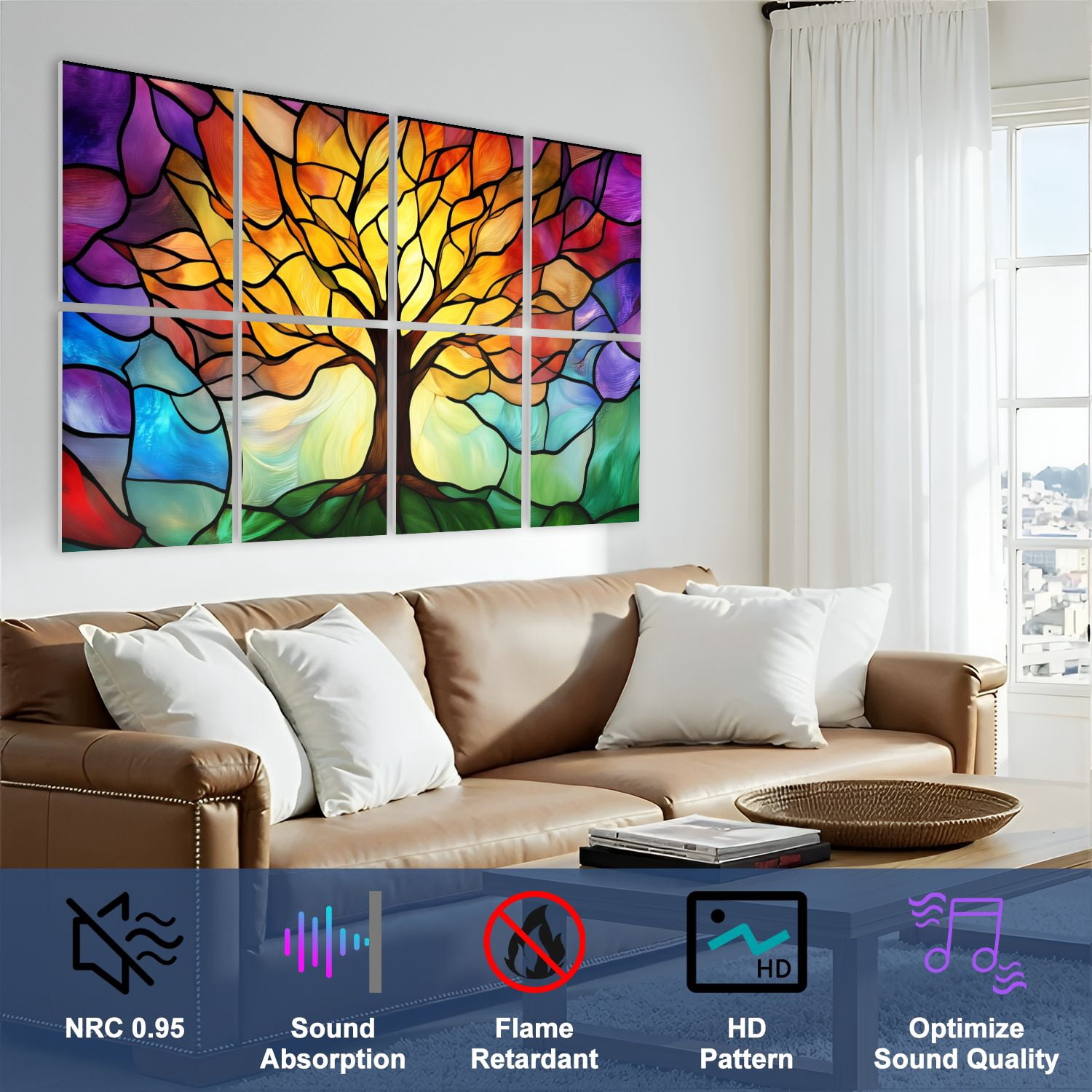 Stained Glass Style 8 Pack Art Acoustic Panels Sound Absorbing Tree Colorful Autumn Leaves Decorative Soundproof Wall Panels Self Adhesive for Nursery Game Room Bedroom 48"x32"