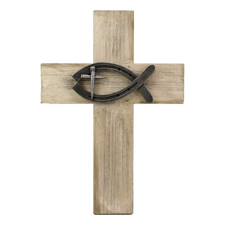 Ebros Rustic Wooden Greek Ichthys Christ Fish Symbol Wall Cross Decor Plaque 14