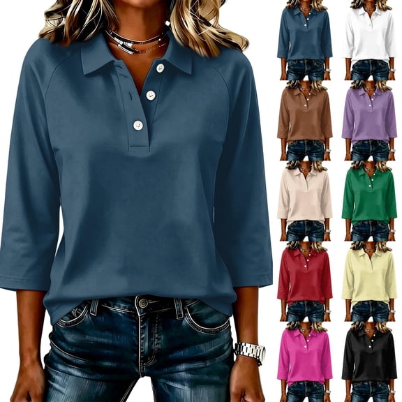 Women Casual Lapel Button Tshirts 3/4 Sleeve Polo Tops Loose Relaxed Solid Shirts Daily Tops