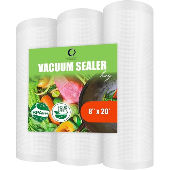 Comfort Ope Vacuum Sealer Rolls 3 Pack 3 Rolls 8 x 20FT BPA Free Heavy Duty Food Storage Vacuum Seal Bags Custom Cut Compatible with Most Vacuum Sealer Machines