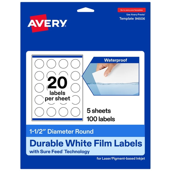 Avery Durable White Round Labels, 1.5" Diameter, 100 Total