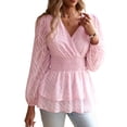 thumbnail image 1 of Blusa elegante de manga larga con cintura fruncida, cuello en V, dobladillo con volantes y jacquard de color puro a la moda para citas, color rosa S, 1 of 8