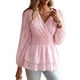 thumbnail image 1 of Blusa elegante de manga larga con cintura fruncida, cuello en V, dobladillo con volantes y jacquard de color puro a la moda para citas, color rosa L, 1 of 8