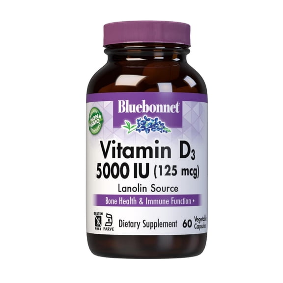 Bluebonnet Vitamin D3 5000 IU Muscle & Skeletal Growth*, Cholecalciferol Lanolin, 60 Caps