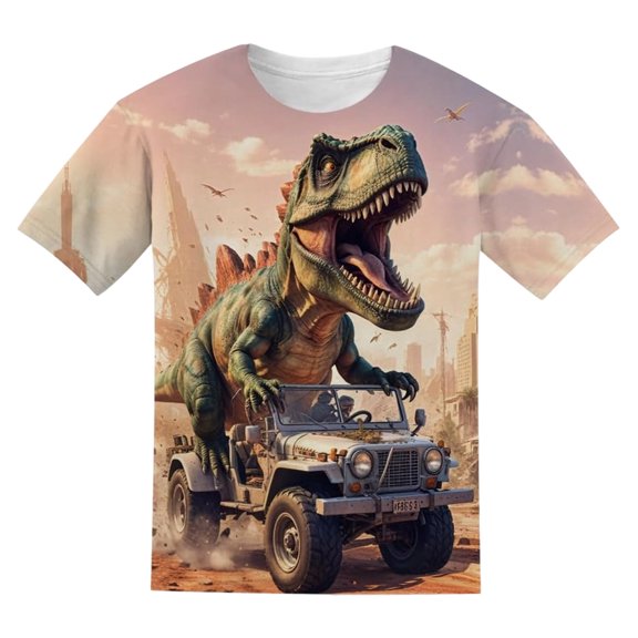 WOYY Boys Dinosaur T-Shirt Short Sleeve Round Neck T Shirt Graphic Tee, Khaki, Sizes 3-13