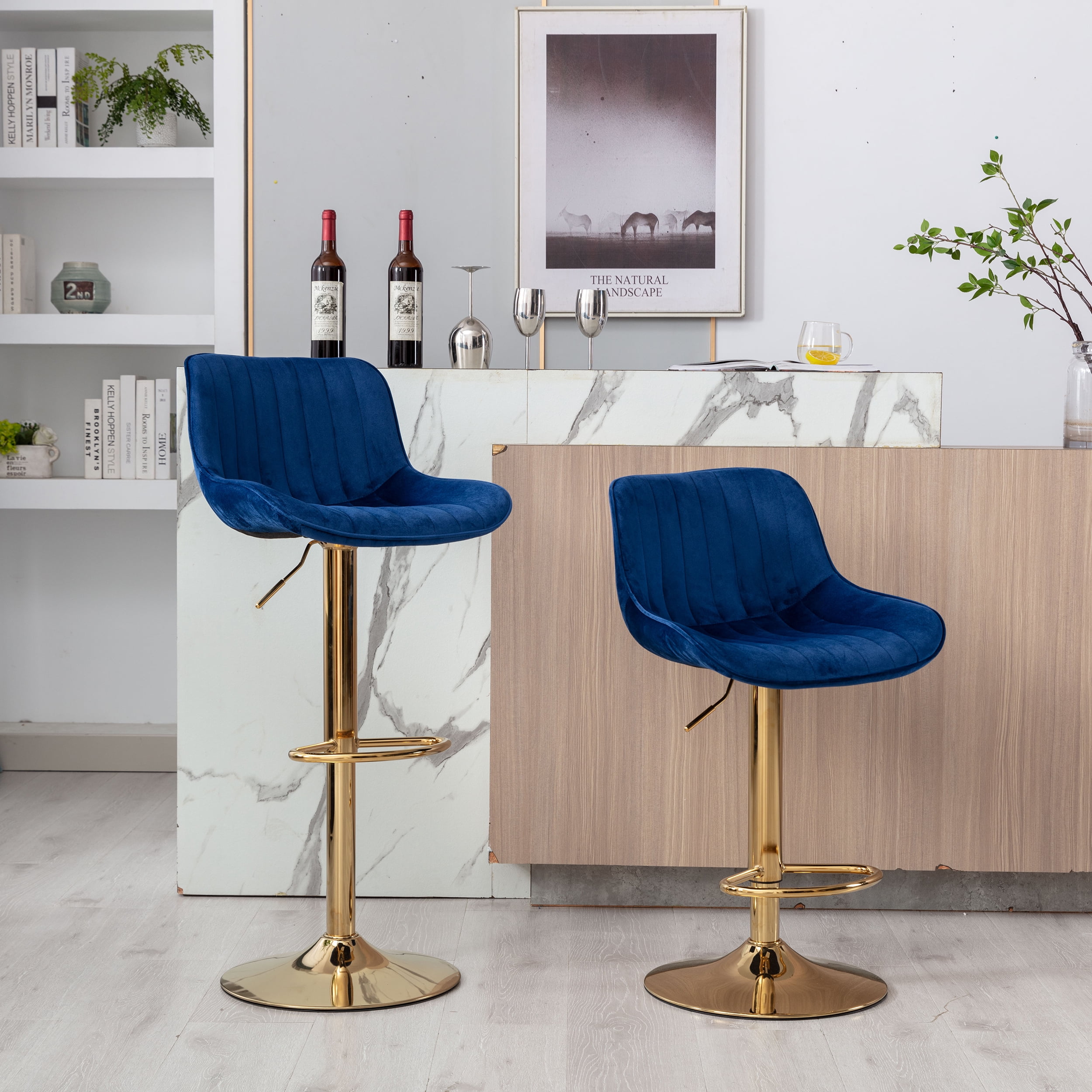 Aukfa Bar Stools Adjustable Swivel Barstool Upholstered Armless Chairs Set of 2 Kithcen Counter Stool,Navy