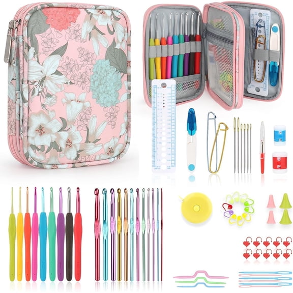Crochet Hooks Set with Case, 73-Piece Crochet Hooks Kit Ergonomic Aluminum Alloy Crochet Hook Colorful Crochet Needles for Making Socks, Gloves, Bag, Hat, Sweater