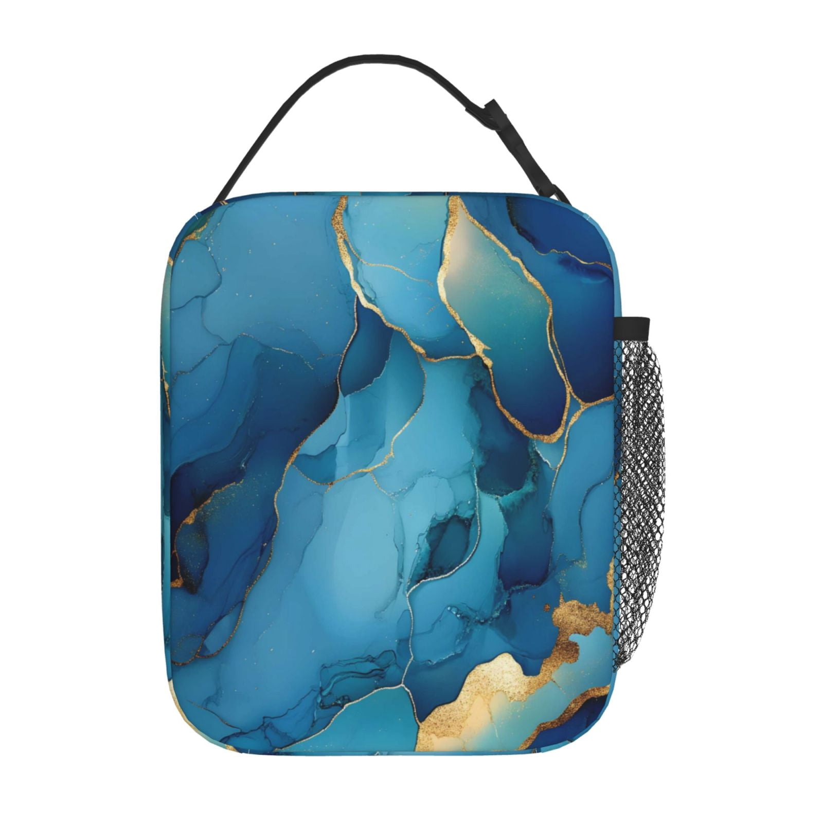 Lunch Bag For Women Men Insulated Portable Lunch Box Bento Box Office Picnic Travel Cooler Bag Blue And Gold Marble