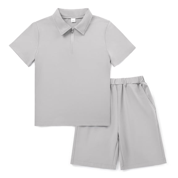 Actgleam Boys 2-Piece Athletic Polo Set Quarter Zip Shirt and Elastic Waist Shorts with Pockets,Grey,10-11Y