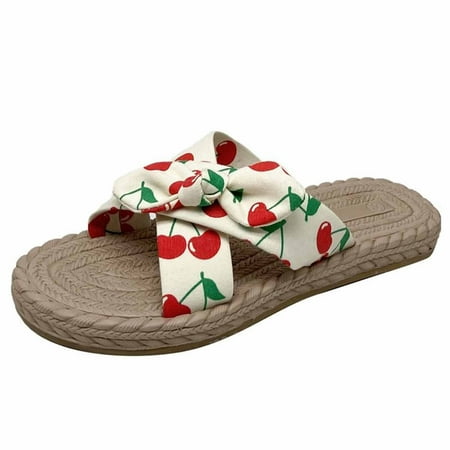 

Hvyes Bowknot Fluffy Slides House Slippers for Women Espadrille Slip On Sandals Open Toe Slippers Women Flat Slides Slippers