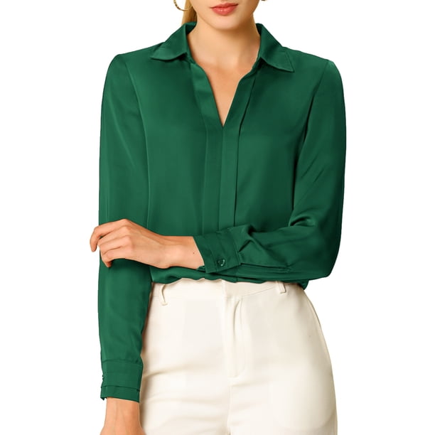 CAMISAS ELEGANTES PARA MUJER INSPIRADAS CHIC, CON CUELLO PUNTA V Y MANGAS LARGAS, BLUSA DE SATÉN SUAVE TALLA 3XL VERDE