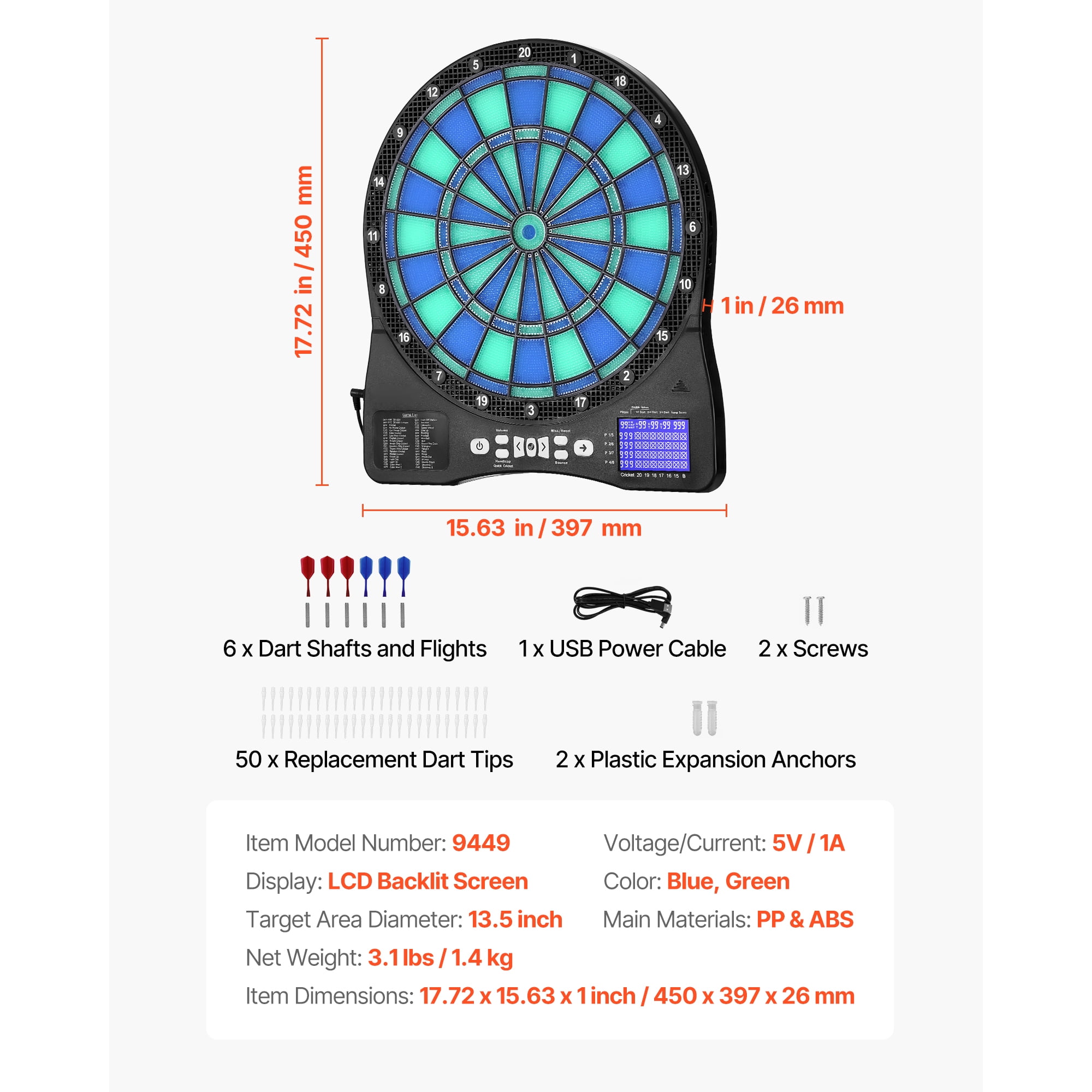 KFFKFF Electronic Dart Board with LED Lighting, Featuring 48 Games & Over 500 Variations, Includes 6 Darts with Flights and 50 Soft Tips, LCD Screen for Cricket Scoring - Accommodates Up to 8 Players