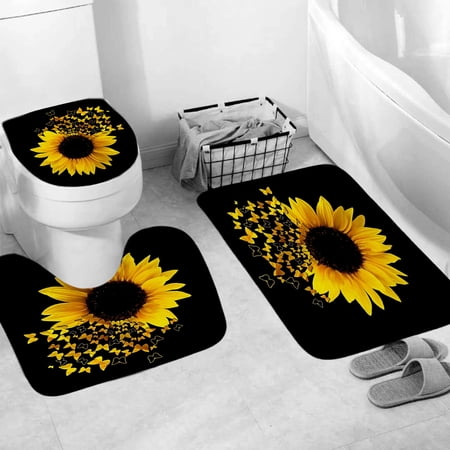 3 Pcs Sunflower Butterfly Farmhouse Floral Art Bath Rugs Set,Bath Rug Mat + Contour Mat + Toilet Seat Cover, Super Soft Rugs