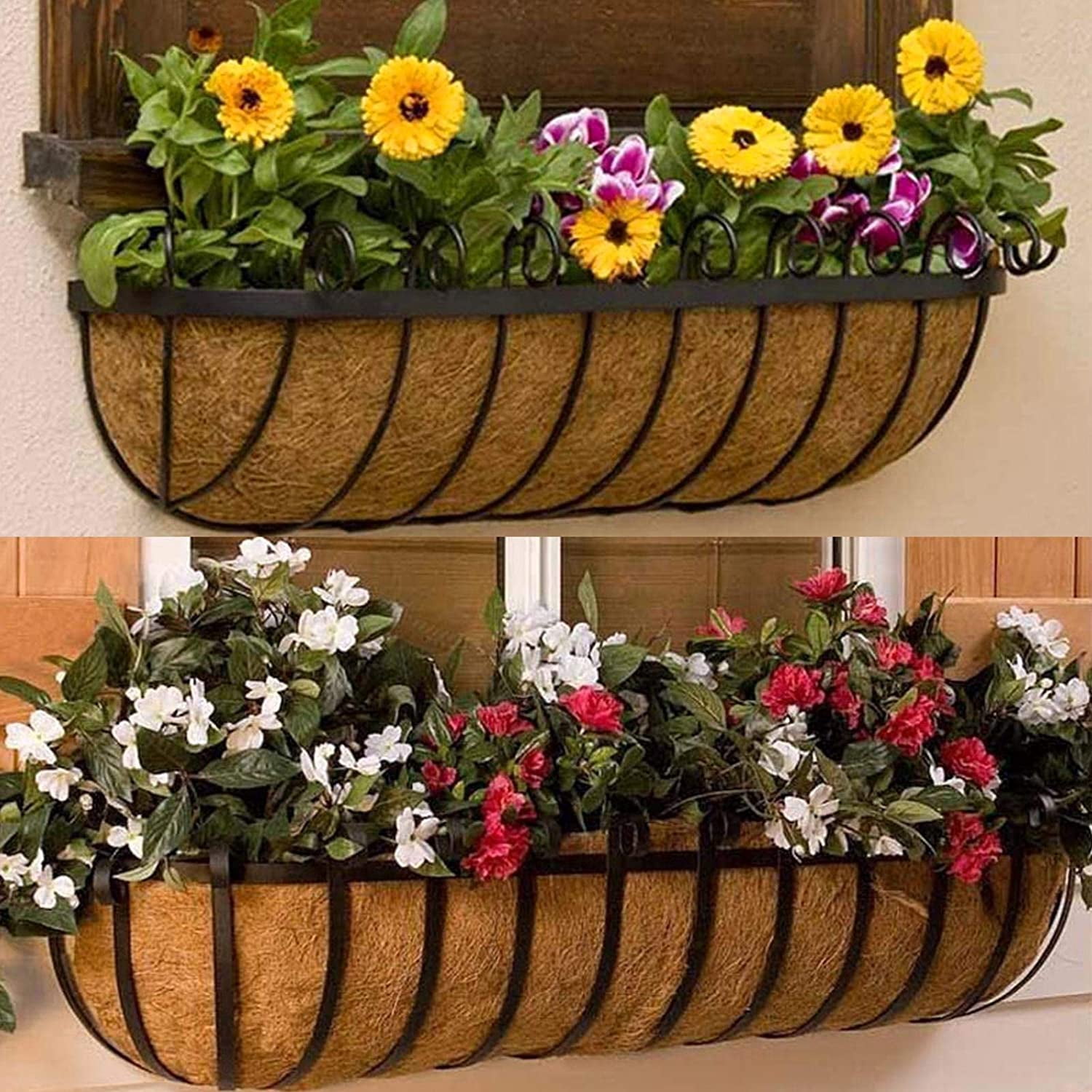 Kukuzhu Hanging Basket Coco Liners Replacement, Coconut Fiber Planter Liners, Natural, Thick and Sturdy, Suitable for Window Box Hanging Trough Planter, Garden Fence Flower Vegetables Pot (48inches)