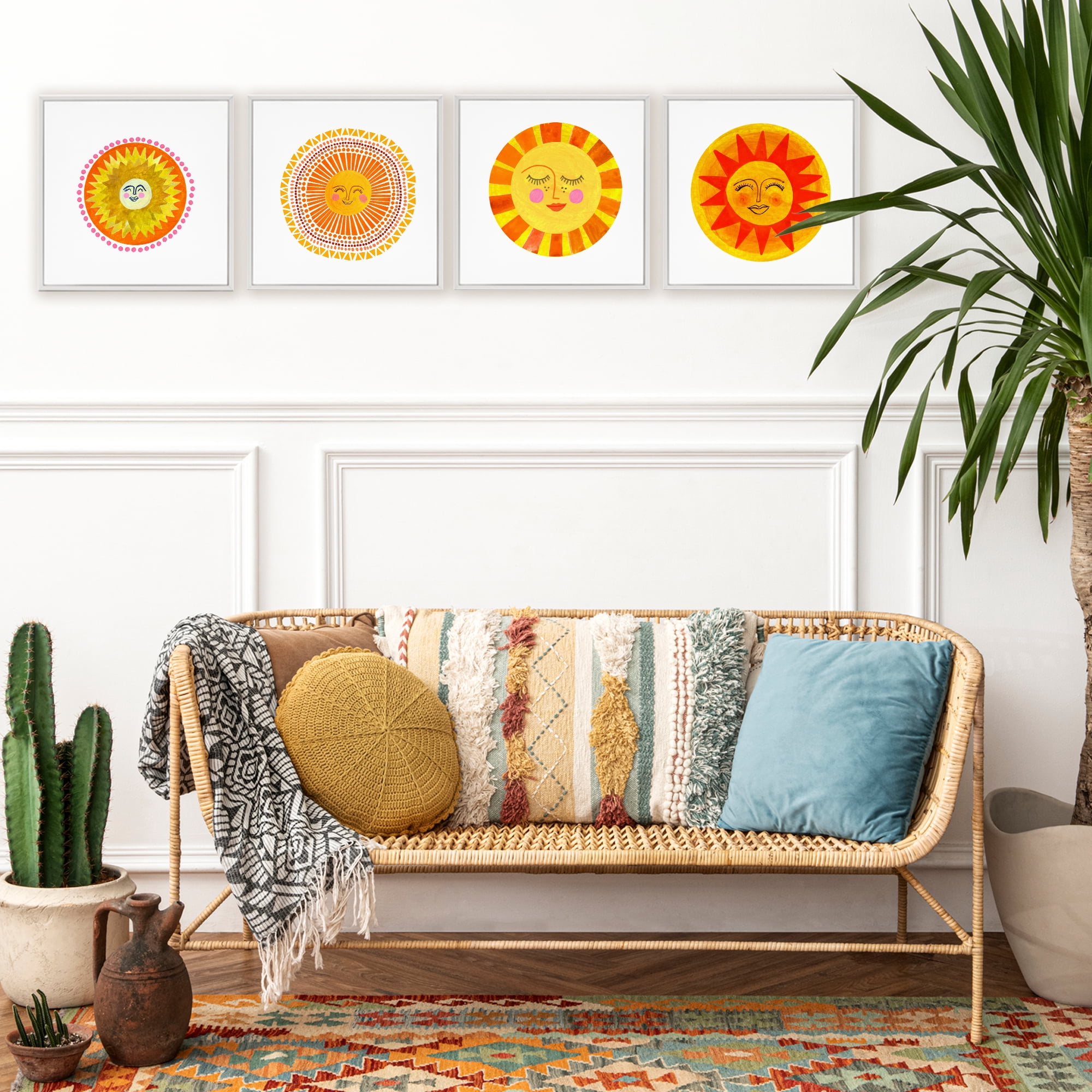 Stupell Industries Whimsical Smiling Suns 4 Piece White Framed Giclee Art Set, design by Katherine Herrell Studio
