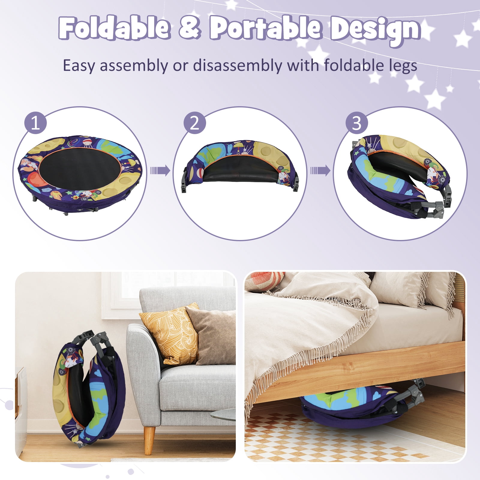 Gymax 36'' Foldable Kid Trampoline w/ 20 LED Lights Foam Handlebar Padded Safety Cover Purple
