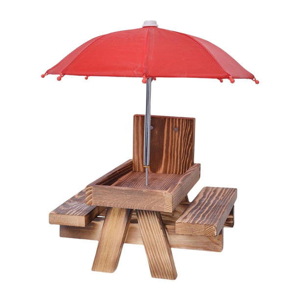 Comedero de mesa para ardillas, mesa de Picnic de madera, resistente con banco y tabla de alimentación funcional con paraguas para exteriores
