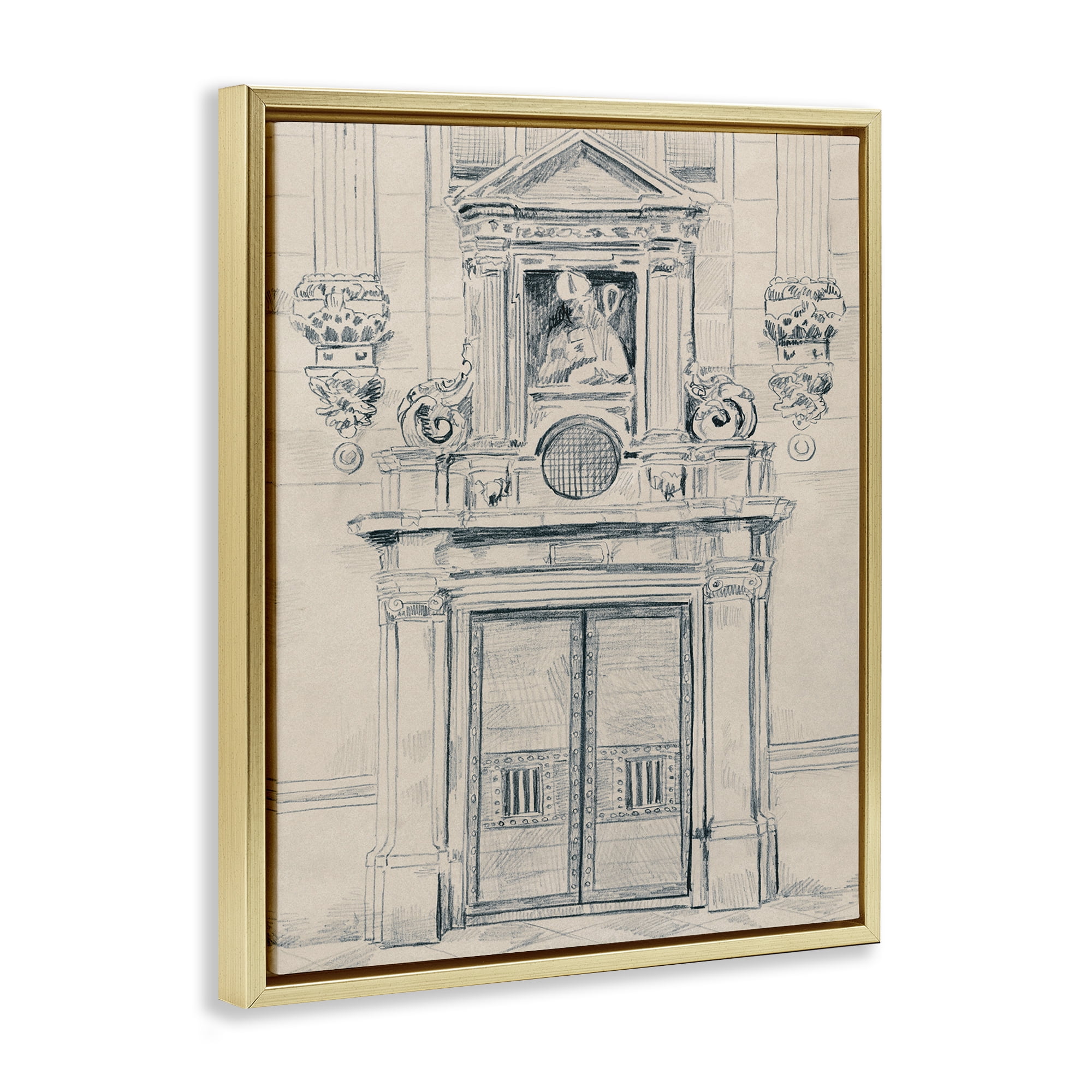 Stupell Industries Detailed Architecture Door Town & City Drawing Gold Floater Framed Art Print Wall Art, 17 x 21