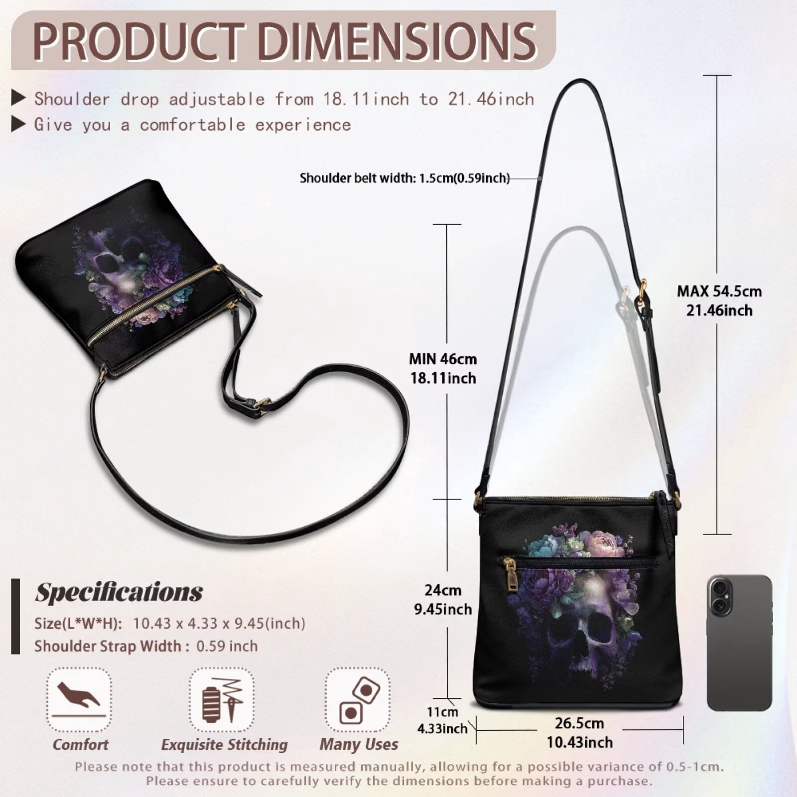 DISNIMO Skull Peony Print Crossbody Handbag PU Leather Shoulder Bag Purse with Zipper Lightweight Fashion Messenger Handbag for Work Shopping Travel